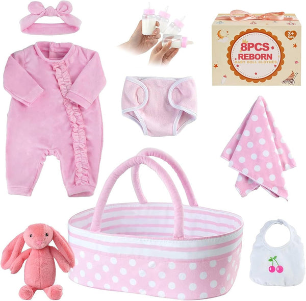 BABESIDE 8 Pcs Reborn Baby Doll Clothes with Bassinet - Outfit Accessories for 17-22 Inch Baby Doll Girl