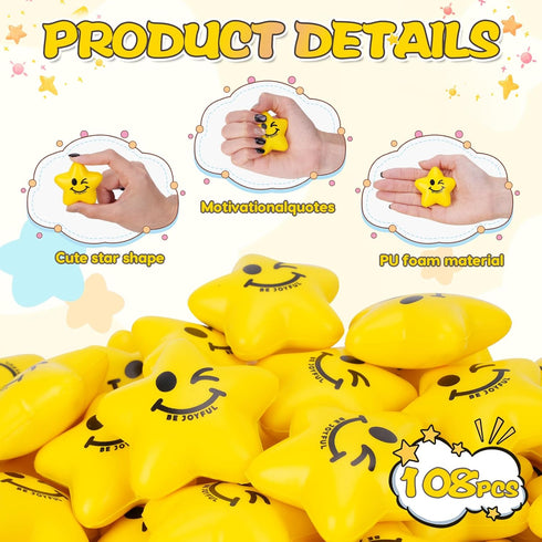 108PCS 2.16 Inch SHQDD Stress Balls, Stress Balls for Kids & Adults - Mini Star Stress Balls Squeeze Toys, Cute Smiley