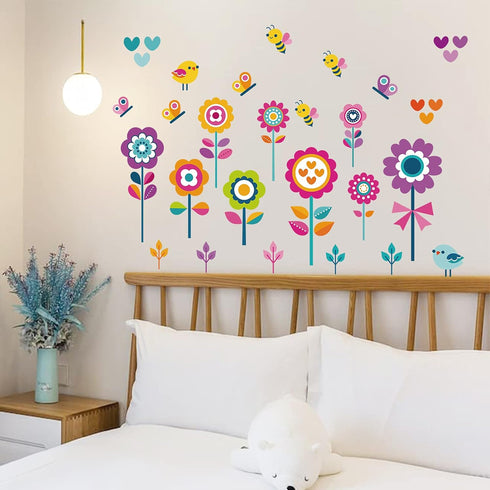 Flowers Wall Stickers for Kids Bedroom - Butterfly Bee Floral Decals for Girls Room, Classroom, Nursery, Playroom -
