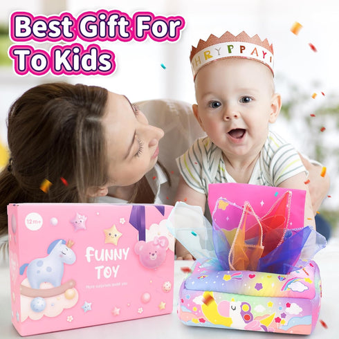 6 12 6 9 12 18 usrela Baby Toys to Months - Tissue Box Toy, Tissue Learning Toys with Alphabet Number Color Sound, Baby