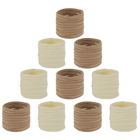 100 Pack Bulk Super Soft Stretchy Elastic Nude Skin Color Nylon Headbands, Khaki Brown Ivory Skinny Slim Hair Ties