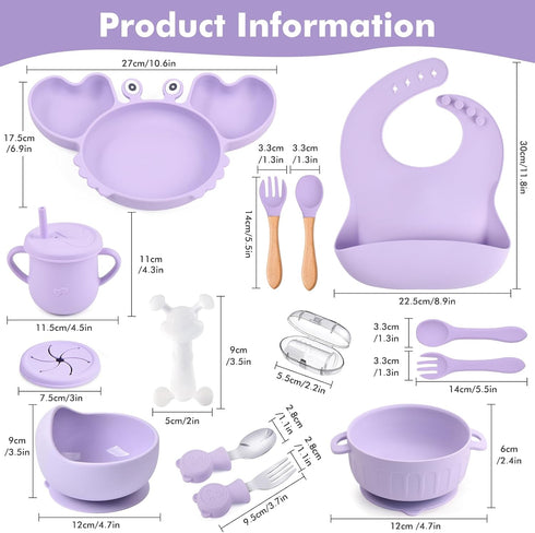 mraisebossup Set 15 Setpurple Silicone Baby Feeding PcsBaby Spoons Suction Bowl Divided Plate Bib Cup Finger Brush