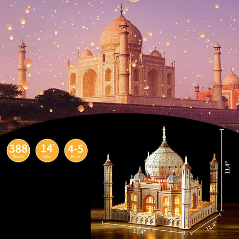 3D Wooden Puzzle for Adults, Taj Mahal Wood Model with LED Light, Self-Assembly Mechanical Building Kit
