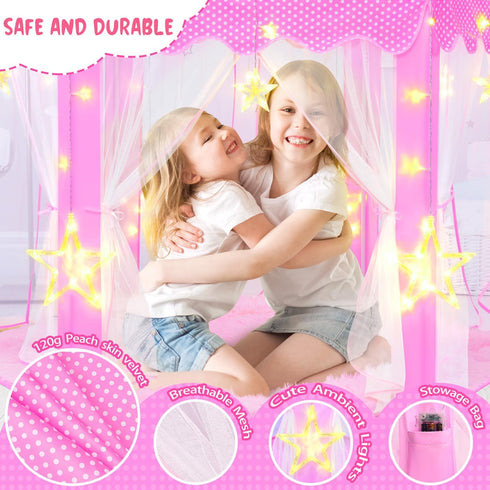 Pink Princess Tent for Girls - Kids Play Tent with LED Star Lights, Castle Playhouse for Indoor Outdoor Games, 55×53