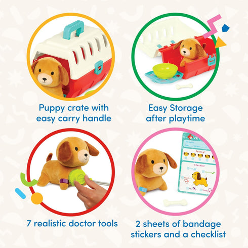 Battat – Mini Vet Playset (11Pc) - Plush Dog & Carrier with Stickers, Checklist, and Toy Stethoscope