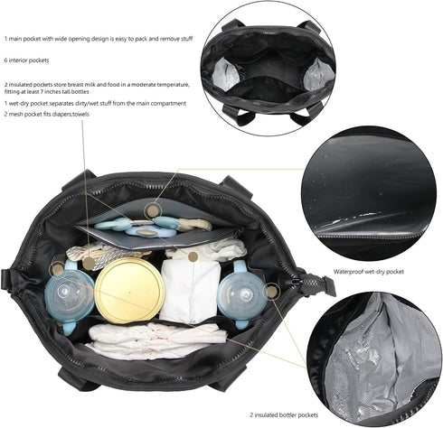 Stylish Black PU Diaper Bag Tote with Wet Bag & Stroller Hooks