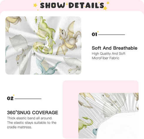 CHUROUSY 28x52 Inch Cute Fiery Dragon Crib Sheets for Boys Girl Watercolor Cartoon Little Dragons Fitted Mattress Cover