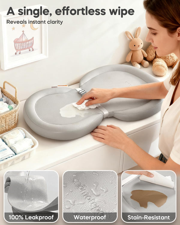 30"x18", Mamatepe Peanut Baby Changing Pad, Foldable Travel On-the-Go with Non-Slip Base & Safety Belt, Wipeable PU