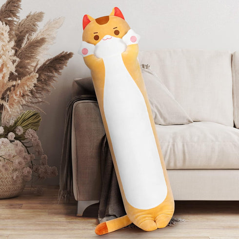 Long Cat Plush Kawaii Body Pillow - 44” Cute Brown Cat Stuffed Animals, Orange Kitten Plush Throw Pillow Gift