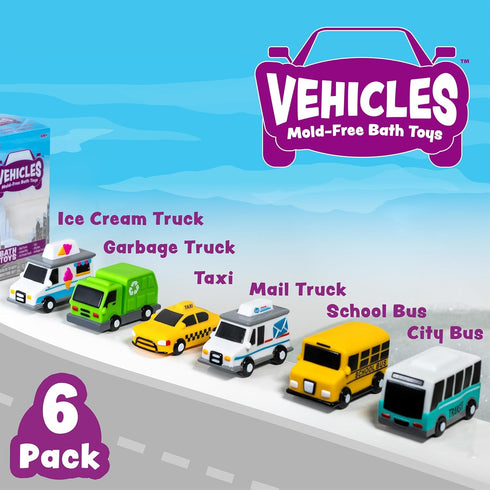 6 Pack Tub Works Vehicles Bath Cars Mold Free Bath Toys, | Sealed, No Hole Bath Toys Design Keeps Moisture Out | Soft
