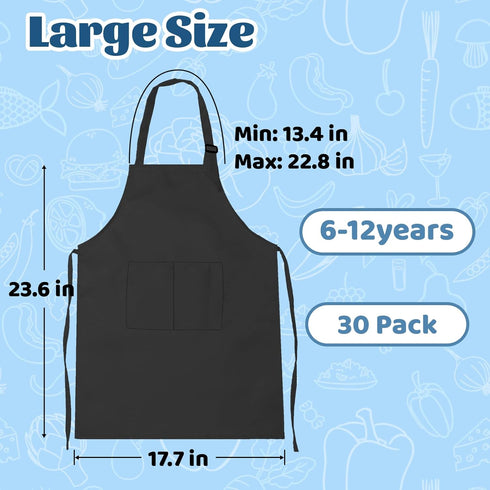 30 Pcs Kids Apron Bulk Adjustable Children Bib Aprons with Pockets for Girls Painting Kitchen Cooking Baking (Black, L)