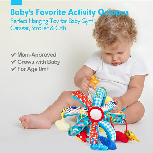 0-6 4 hahaland Baby Toys Months - Car Seat Toys Octopus Toy with Pulling Cords, Squeaky, Crinkle, Rattle, Mirror
