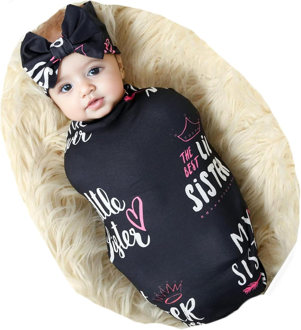 Galabloomer Newborn Receiving Blanket Headband Set, Flower Print Baby Swaddle Blankets (Black Sister)