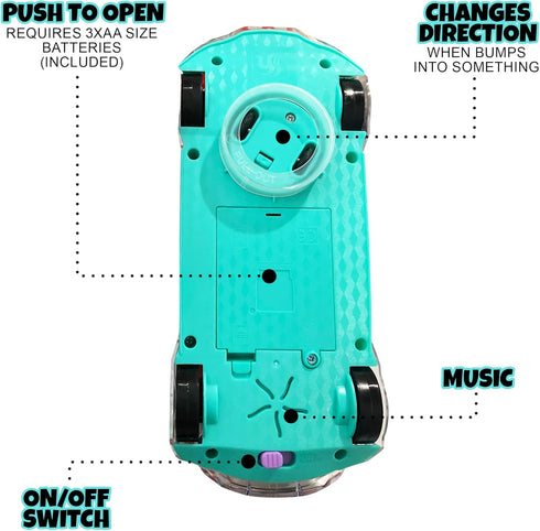 ArtCreativity Light Up Transparent Sensory Car Toy for Kids, 1PC Bump and Go with Colorful Gears and Music