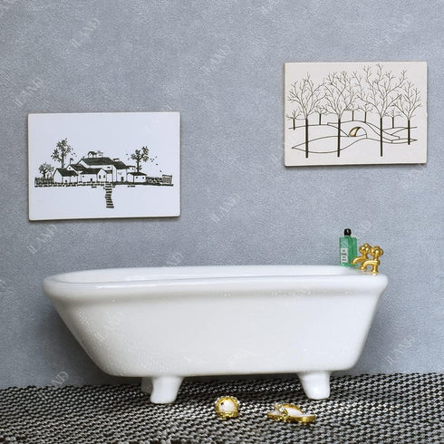 iLAND Dollhouse Furniture and Accessories 1/12 Scale Bathroom Set incl Ceramic Toilet & Bathtub & Wooden Cabinet