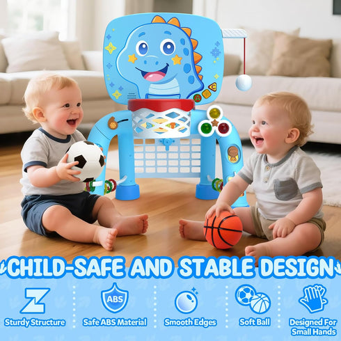 1 12-18 Toys for Year Old Boy - Toddler Basketball Hoop & Soccer Goal & Baseball Activity Center with Light Sound