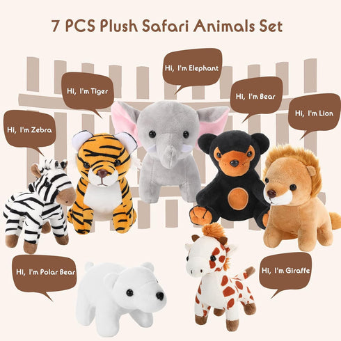 7 Pieces Jungle Stuffed Animal Set: Plush Giraffe, Tiger, Lion, Bear, Elephant, Zebra - 4.72 Inches for Parties & Awards