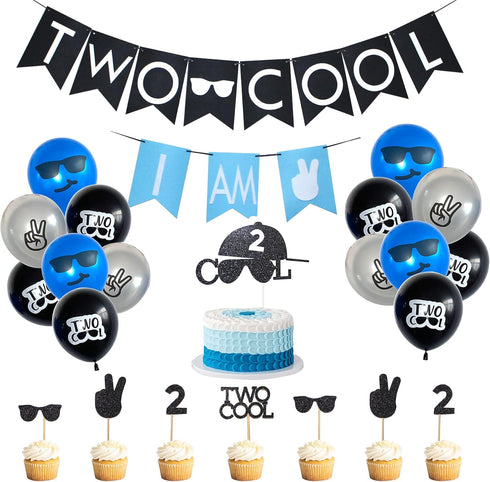 Two Cool Birthday Party Decorations - I AM TWO Banner, Balloons, Cake Topper for Little Man's 2nd Birthday