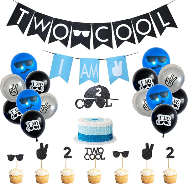 Two Cool Birthday Party Decorations - I AM TWO Banner, Balloons, Cake Topper for Little Man's 2nd Birthday