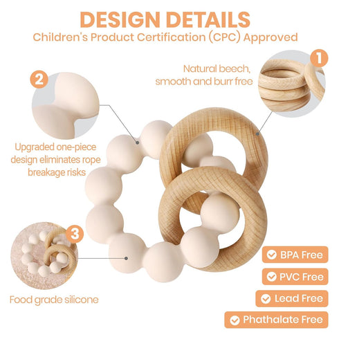 0-6 6-12 Socub Baby Teething Toys for Months- BPA-Free Food-Grade Silicone & Natural Beech Wood Teether Ring