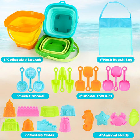 3-10, 3 Pack 24 Dreamon Beach Toys for Kids Collapsible Sand Toys Include Foldable Buckets, PCS Beach Mold and Shovels