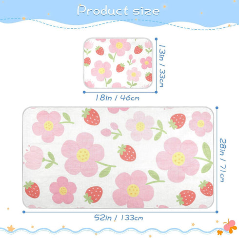SyXIOP 28" 52" Cute Pink-Flowered Strawberries Cooling Baby Waterproof Crib Mattress Cover x Reusable Crib Bumper Pads