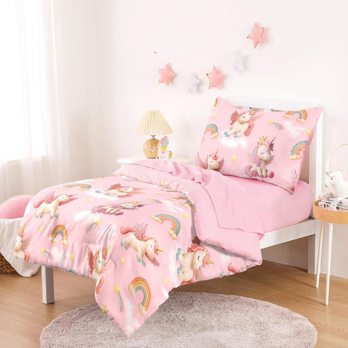 Set 3D 4 Set Wake In Cloud - Toddler Bedding for Girls, Unicorns Rainbow Clouds, Pieces Soft Crib Bed Including