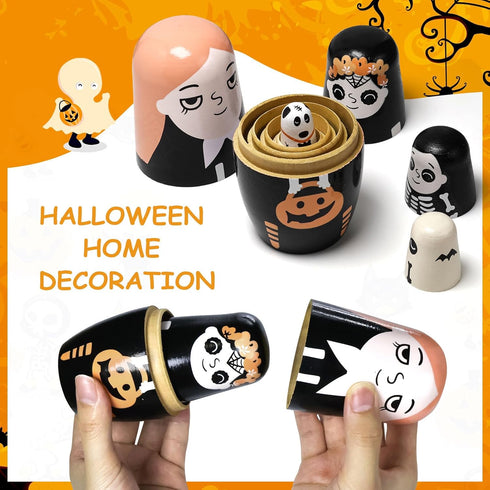 Tngan Halloween Nesting Dolls - 5Pcs 6" Tall Russian Handmade Matryoshka for Kids, Wooden Stacking Toys for Halloween