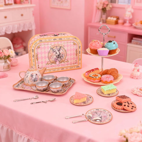 Set Set Playset 3-7 Tea Party for Girl, Tea Time Toys Including Tea Dessert Carrying Case, Kids Picnic Pretend
