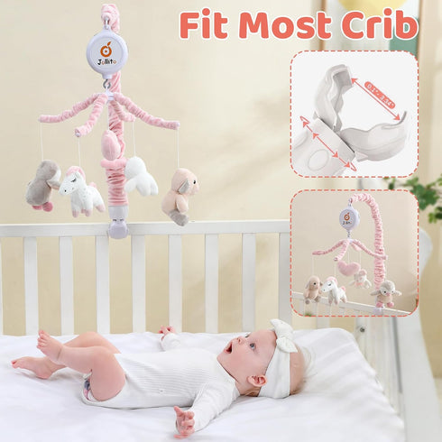 12 JOLLITO Crib Mobile for Girls, Soft Pink Musical Baby Crib Mobile with Lullabies, Rotating Arm and Detachable Plush