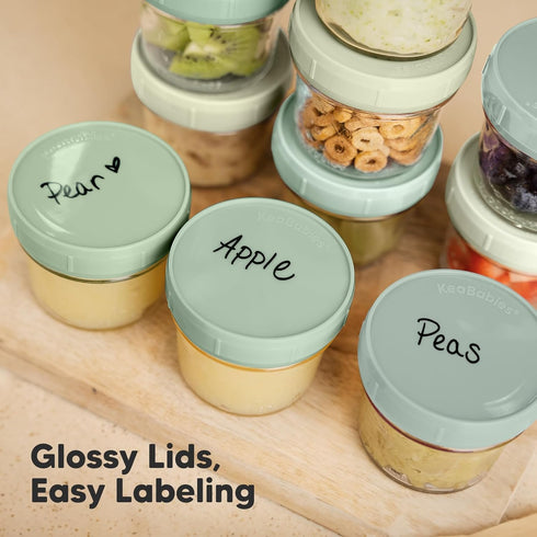 KeaBabies 6pk 4oz Glass Baby Food Containers - Leak-Proof, Microwavable Small Baby Glass Jars with Lids (Sage)