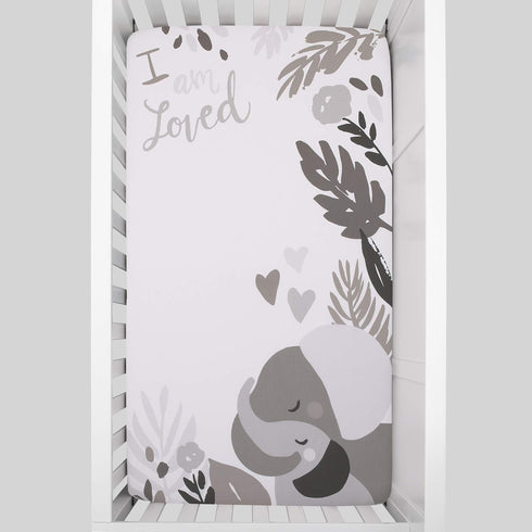 100% NoJo Elephant Hugs Grey and White I Am So Loved Cotton Photo Op Fitted Crib Sheet