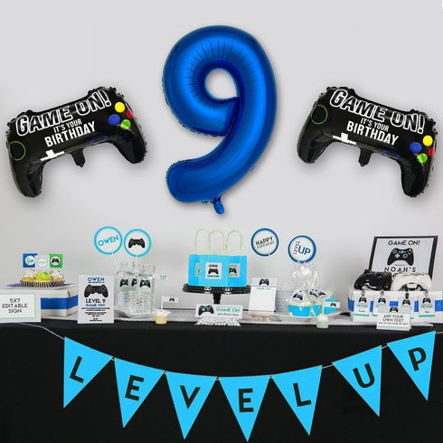 Navy Blue Video Game Party Supplies - 2 Packs Game On Balloons with Dark Blue Number 9 Balloon for 9th Birthday