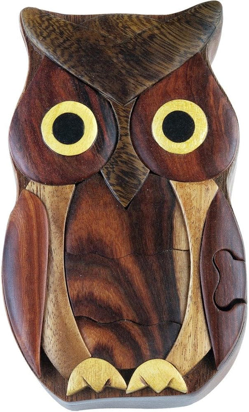 Hand Carved in Vietnam Wooden Puzzle Box- Intarsia Wood Art - Owl