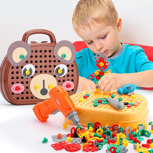 xibulun Toolbox 203Pcs Toolbox 2D/3D 3-12 Magic Montessori Play with Drill, Magic Montessori Play Bear-Themed