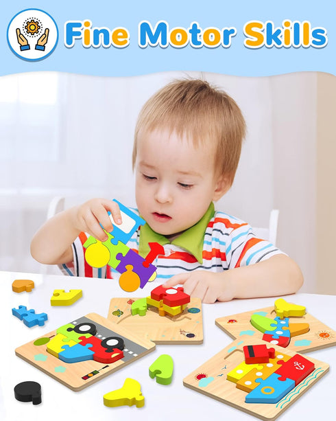 Wooden Vehicle Toddler Puzzles for 1 2 3 Years Old - Baby STEM Educational Toy Gift with 4 Vehicles Montessori