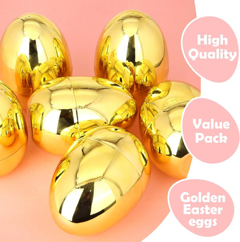 12 Pack 6 Inch LEASEN Jumbo Gold Easter Eggs, Large Metallic Giant Empty Plastic Eggs Fillable for Easter Themed Party