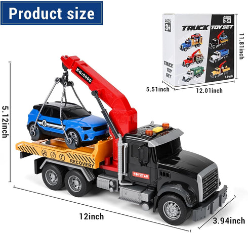 YHXKJ 3 Pack 12'' Set,Transport 3 4 5 6 7 Large Trucks Toy Tow Truck Toy & Dump Trucks and Car Carrier Truck Toys