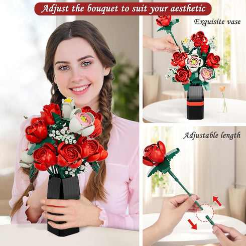EXCOUP Set, Set 841 Flower Bouquet Building Artificial Roses Toy Building with Vase, Building Blocks Flower Brick Toys