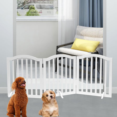 Wooden Dog Gate Foldable Pet Fence, Freestanding Pet Gates for Stairs, 3 Panel 23.6'' Height-White
