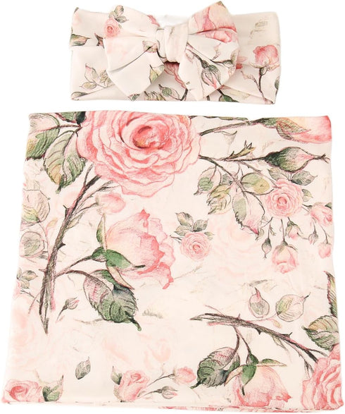 Set Galabloomer Receiving Blanket Headband Flower Print Baby Swaddle Receiving Blankets (white vintage flower)