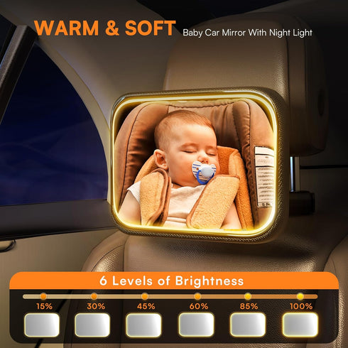 Baby Car Mirror with Light, Rechargeable Rear Facing Mirror with Remote Control, 360° Rotation, Clear Vision