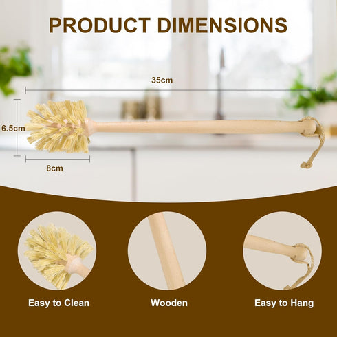 2-Pack DEBETOOL Natural Wooden Bottle Brush with Sisal Bristles, Long Handle Bottle Brush Cleaner for Wide Mouth Jars