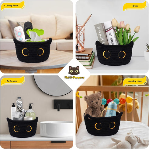 Small Storage Basket, Black Cat Cotton Rope Baskets Woven Blasket for Nursery, Blanket Basket Organizer With Ears Baby Toy Storage Basket for Gifts Cat Dog Bin Toys 8.5×4.5 inches