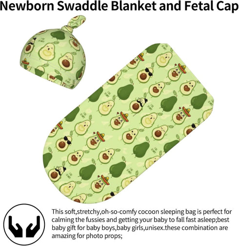 Cute Avocado Newborn Receiving Swaddle Blanket with Hat Set for Boy Girl Infant Shower Gift