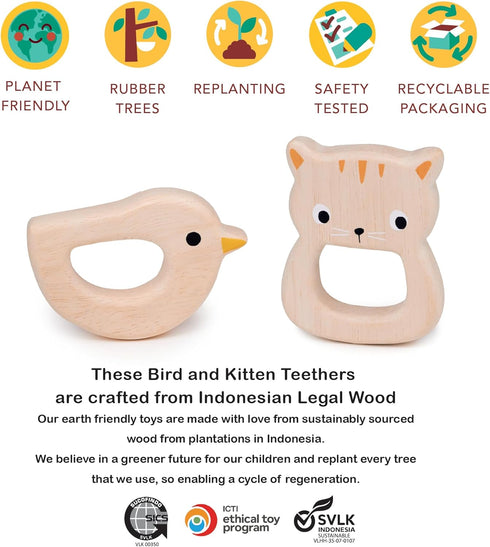 Toys - Bird & Kitten Teethers, 2pc Wooden Teething Toys for Babies, Natural Wood Animal Chew Toy for Sore Gums