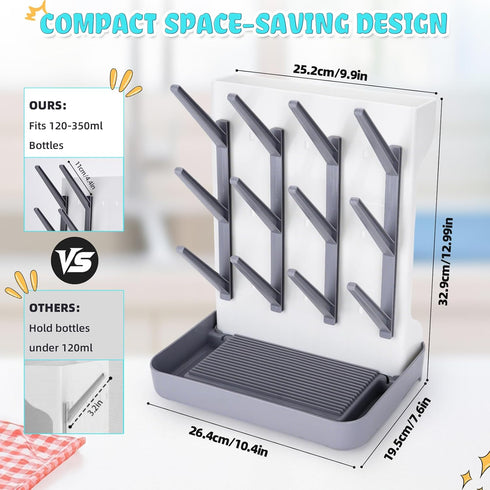 ZYLOHA 12 Baby Bottle Drying Rack: Space Saving Vertical Bottle Drying Holder with Brushes Holder - Large Bottle