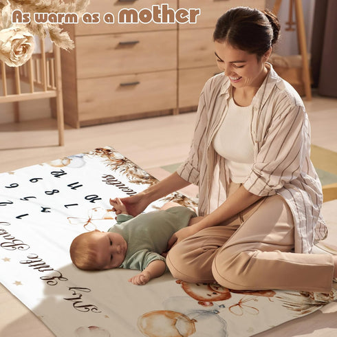 Boho Sleeping Bear Monthly Baby Milestone Blanket, Brown Bear Balloon Flannel for Newborns