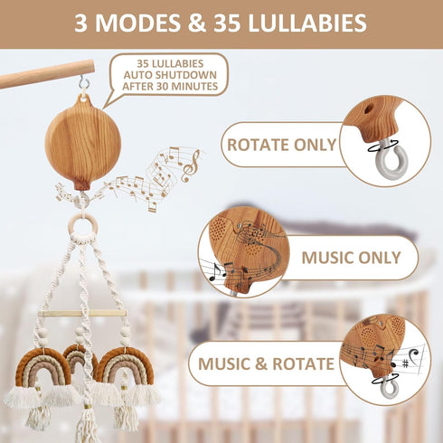 65 Inch 35 Floor-Standing Crib Mobile Arm with Music Box - Wooden Mobile Arm for Crib - Crib Mobile Motor - Volume