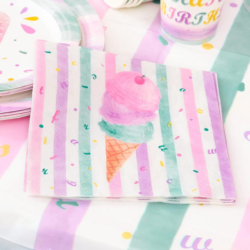 WERNNSAI Ice Cream Party Supplies - Disposable 3 Ply Pink Sweet Ice Cream Themed Birthday Napkins for Girls
